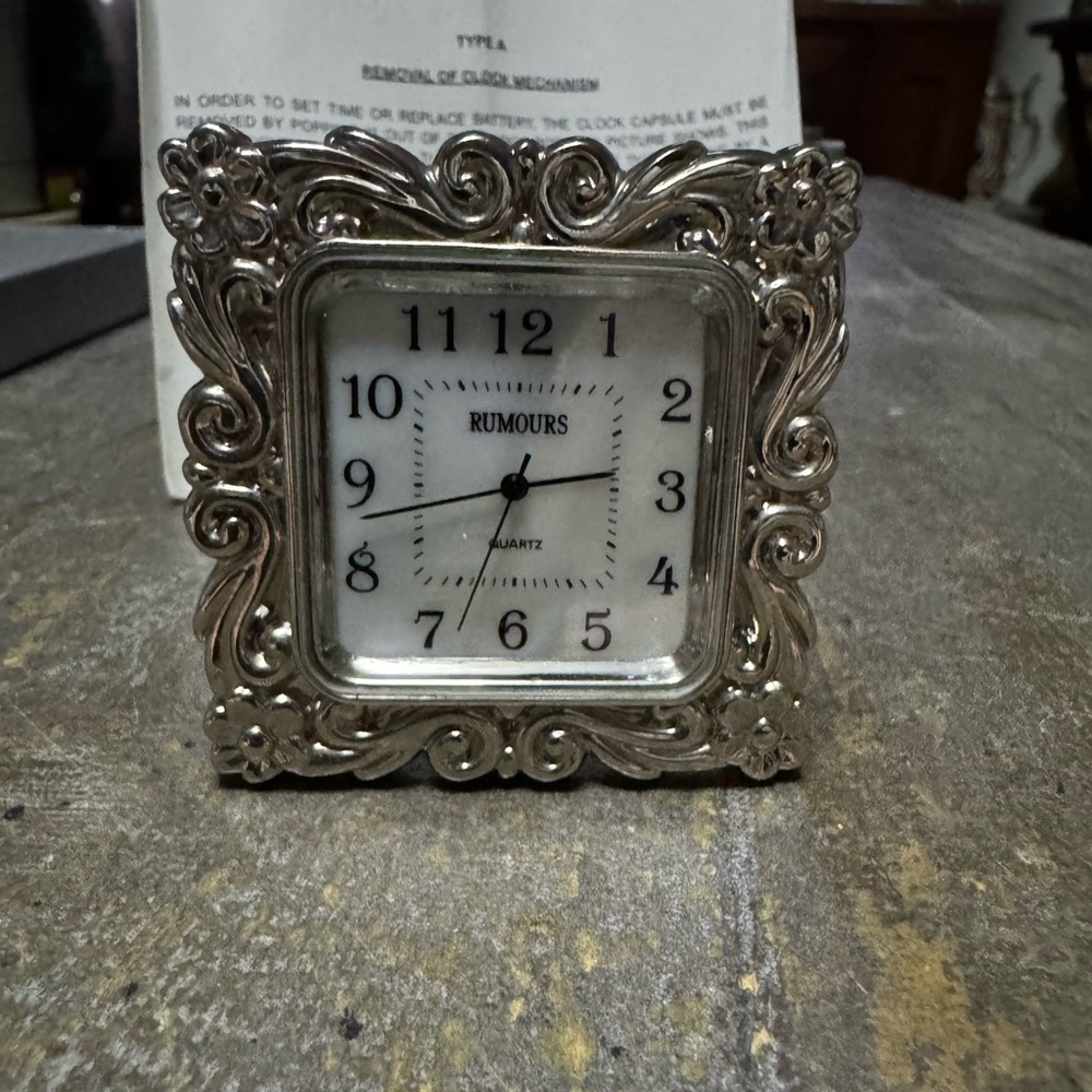 Rumours 2x2” desk clock decorative silver-tone frame MOP face quartz movement